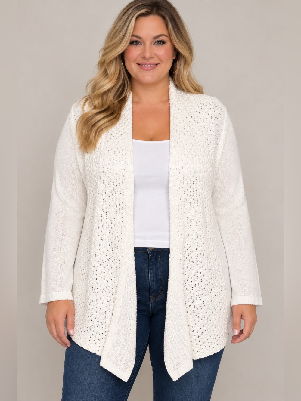 Cache Open-Front Cream Knit Cardigan